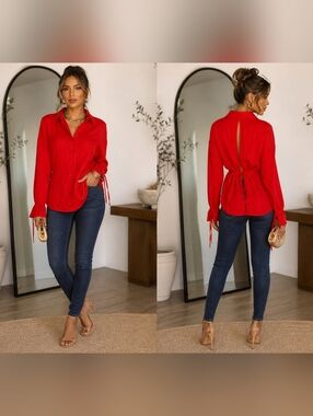 Lush Orange/Red Long-Sleeve Button Down Shirt with Back Tie Detail